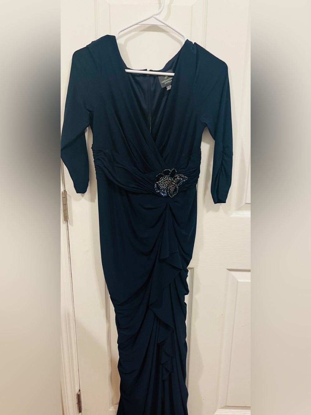 Adrianna Papell Teal Long Sleeve Ruched Evening Gown with Beaded Applique